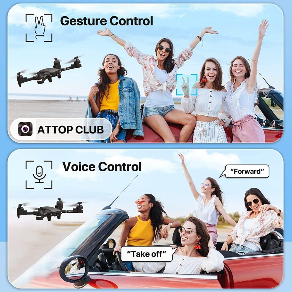 Drone with Camera for Adults, ATTOP 1080P Live Video 120° Wide Angle APP-Controlled Camera Drone for Kids 8-12, Beginner Friendly with 1 Key Fly/Land/Return, Remote/Voice/Gesture/Gravity Control, FPV Drone w/ Safe Emergency Stop, 360° Flip, VR Mode, Carrying Case, 2 Batteries, Girls/Boys Gifts